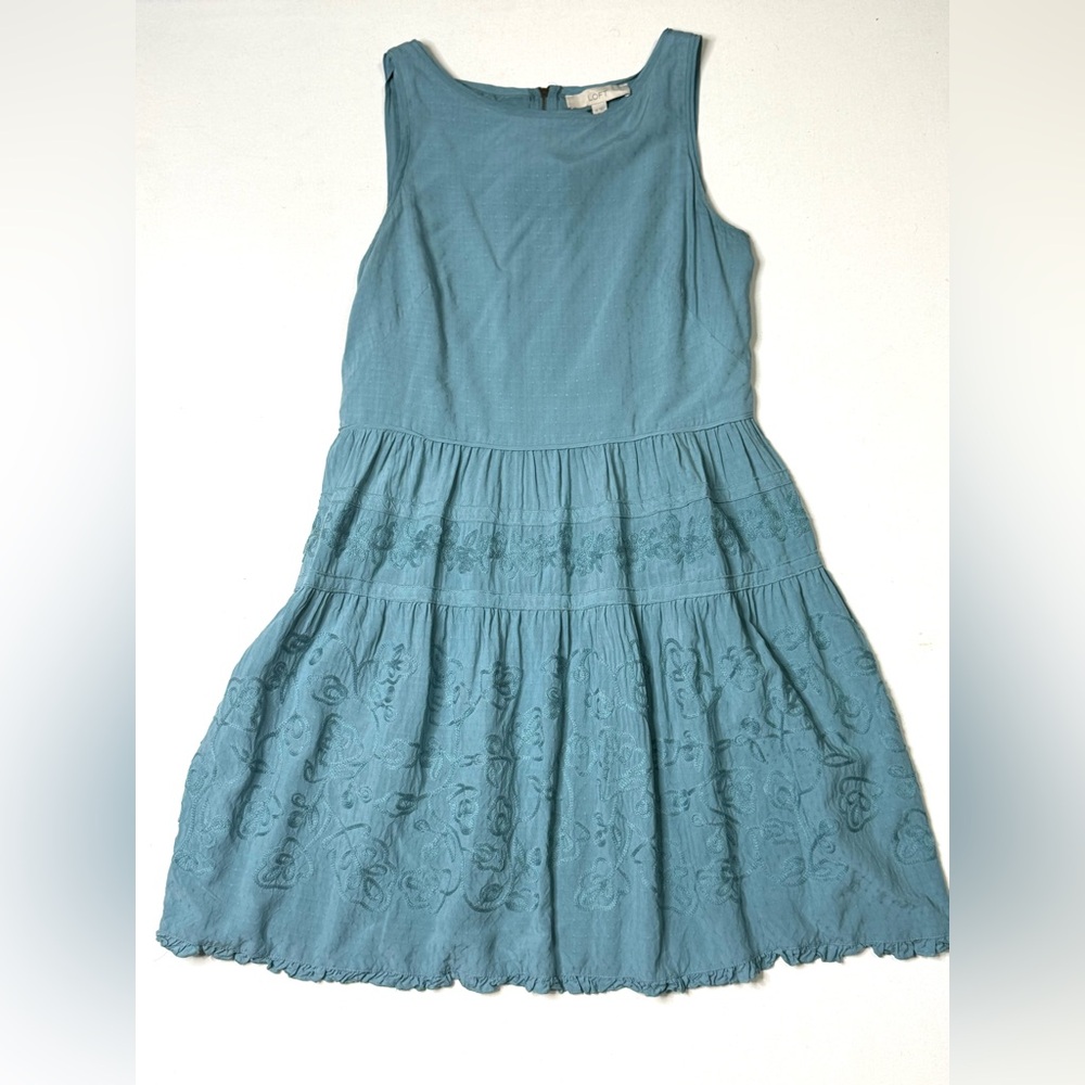 LOFT Teal Embroidered Sleeveless Fit & Flare Boho Dress Size 10